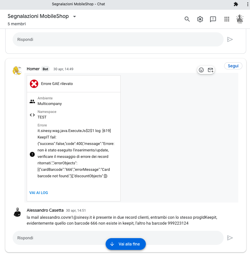 example of automatic report on error